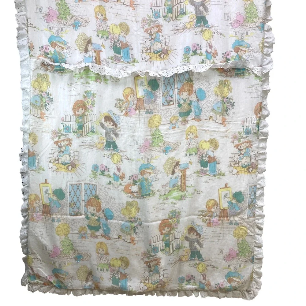 VTG 60s Big Eye Kids Boys Girls Blanket Trim‎ Ruffle Edge Baby Nursery Coverlet